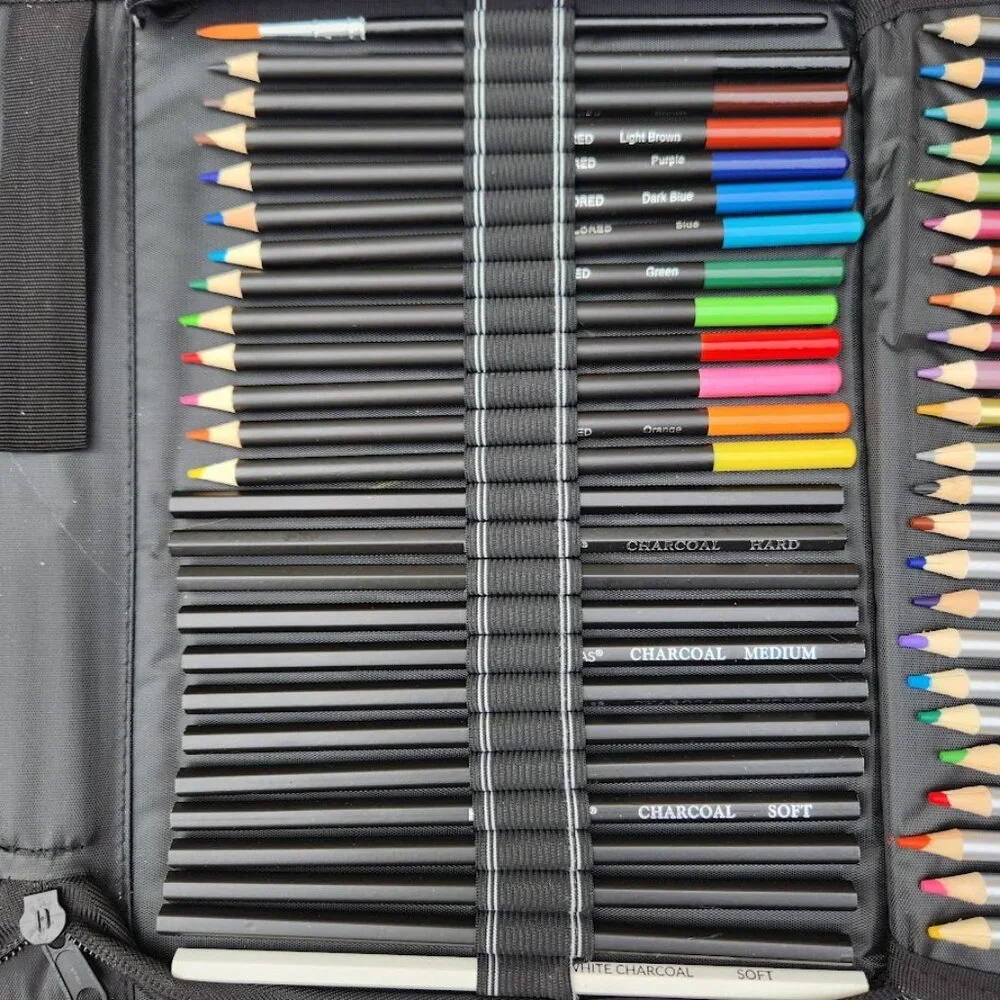 NEW 74 Piece Art Kit Supplies Watercolor Pencils Charcoal Travel Case Colored Pe
